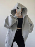 Grey Zip Hoodie Women Autumn Korean Fashion Loose Casual Long Sleeve Oversize Hooded Sweatshirt Vintage Streetwear