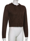 Vintage Brown Solid Hooded Y2K Sweaters Women Autumn Winter Lantern Sleeve Zip Up Jacket Cardigan Knitted Hoodies