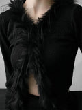 Sexy Gothic Knitted Cardigan with Fur Women Black Cropped Sweaters Y2k Elegant Korean Streetwear Grunge V-neck Tops
