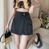 Korean Style High Waist Skirt Shorts Women Summer Pockets Denim Shorts Woman Double Button A Line Skirt Pants Female