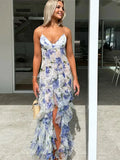 Women's Elegant Flower Print Ruffle Sling Maxi Dress Fashion New Sleeveless Bodycon Vestidos Female New Beach Holiday Long Robe