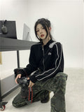 Y2K Vintage Zip Up Cropped Hoodie Women Korean Fashion Striped Black Jackets Female Kpop Egirl Harajuku Sweatshirt Sping