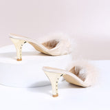 Darianrojas New Pink White Women Sandals Sexy Open Toe Furry Fur Summer High-Heeled Pumps Ladies Metal Buckle Strap Wedding Party Shoes