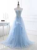 Darianrojas Light Blue Prom Dresses Long Sexy Sweetheart A-Line Tulle Lace Applique Beaded Crystal Women Formal Party Gown