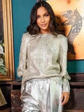 Low-cut V Neck Metallic Color Pullover Women Long Sleeve Warm Knitted Sweater Autumn Winter Chic Office Ladies Knitwear
