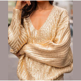 Low-cut V Neck Metallic Color Pullover Women Long Sleeve Warm Knitted Sweater Autumn Winter Chic Office Ladies Knitwear