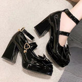 Darianrojas Women Pumps Mary Jane Lolita shoes Gothic Chunky High Heel Platform shoes Female Tied Cosplay Harajuku Black Shoes bows Heart