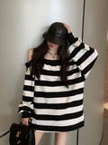 Harajuku Striped Sweatshirts Women Vintage Goth Oversized Hoodies Loose Casual Off Shoulder Pullover Tops Kpop Clothes