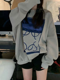 Vintage Gray Graphic Hoodies Women Harajuku Autumn Winter Oversized Sweatshirts Loose Casual Fleece Tops Korean Fashion