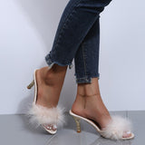 Darianrojas New Pink White Women Sandals Sexy Open Toe Furry Fur Summer High-Heeled Pumps Ladies Metal Buckle Strap Wedding Party Shoes