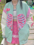 Punk Skeleton Heart Print Hoodies Women Hip Hop Harajuku Oversized Zip Up Sweatshirts Female Retro Green Casual Jacket