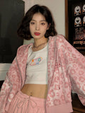 Preppy Style Pink Sweatshirts Leopard Print Y2K Harajuku Oversized Hoodies Women Vintage Zipper Cropped Top Cute Jacket