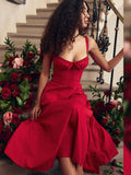 suninheart Elegant  A Line Midi Dress Sexy Spaghetti Strap Lace Up Red Holiday Party Dresses Split Summer Dresses Women