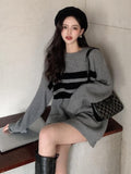 Gothic Sweaters Women Harajuku Punk Knitted Stripes Jumper Vintage Plus Size Loose Long Sleeve Pullover Tops Streetwear