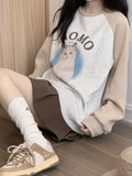 Kawaii Cat Print Sweatshirts Women Harajuku Vintage Oversized Hoodies Cartoon Casual Long Sleeve Sweet Crewneck Tops