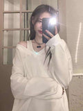 Korean Style Solid Hoodies Women Harajuku Sexy Off Shoulder Sweatshirts V-neck All-match Long Sleeve Tops Gothic Grunge
