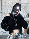 Techwear Goth Cropped Hoodies Women Harajuku Off Shoulder Oversize Sweatshirts Black Zip Up Top Hip Hop Streetwear Punk