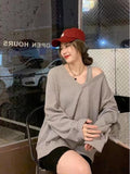 Korean Style Solid Hoodies Women Harajuku Sexy Off Shoulder Sweatshirts V-neck All-match Long Sleeve Tops Gothic Grunge