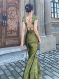 Darianrojas Elegant Women Green Satin Backless Mixi Dress Palace Short Sleeve Lace V-Neck Bandage Vintage Bodycon Dress Robe Summer Vestidos