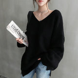 Darianrojas  -  holiday outfits Women Autumn Oversized V Neck Full Sleeve Cozy Cashmere Sweater Loose Knitted Pullovers Solid Color Casual Jumpers