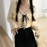 Women Long Sleeve T-shirts Lace-up Patchwork Ruffles Trendy Sweet Lovely Crop Tops Sexy Females Leisure Chic All-match Outwear