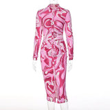 Women Autumn Winter Long Sleeve Printed Bodycon Pink Pencil Midi Dress Streetwear Fall Wholesale Lots Bulk Clothes