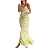 Summer Floral Suspender Maxi Sundress Holiady Beach Women Sleeveless Straps Wrapped Fishtail Dress Slim Backless Vestido