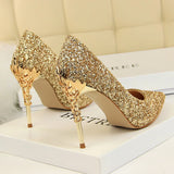 Spring Summer New Crystal Sequins Bride Shoes High Heels Women's Fine Heel Versatile Pointed Toe Gown Single Shoes