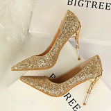 Spring Summer New Crystal Sequins Bride Shoes High Heels Women's Fine Heel Versatile Pointed Toe Gown Single Shoes