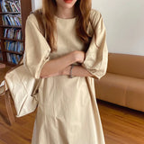 Darianrojas  - holiday outfits New Women Summer Beige Long Simple Dress Vintage Puff Sleeve Loose Waist Pullover Maxi Sundress