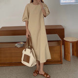 Darianrojas  - holiday outfits New Women Summer Beige Long Simple Dress Vintage Puff Sleeve Loose Waist Pullover Maxi Sundress