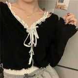 Women Long Sleeve T-shirts Lace-up Patchwork Ruffles Trendy Sweet Lovely Crop Tops Sexy Females Leisure Chic All-match Outwear