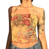 Y2K Mesh Sheer Floral T-shirt E-girl 90s Vintage Halter Tops Women Sleeveless Slim Fit Crop Top Harajuku Streetwear