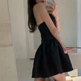 Women Summer Harajuku Strapless Dress Solid Casual A-Line High Waist Loose Printing Mini Slash Neck Short Dresses Female