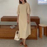 Darianrojas  - holiday outfits New Women Summer Beige Long Simple Dress Vintage Puff Sleeve Loose Waist Pullover Maxi Sundress