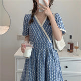 Darianrojas  - holiday outfits Snordic Women Summer Elegant V Neck Jacquard Floral Long Dress Blue High Waist Short Sleeve Exquisite Midi Dresses