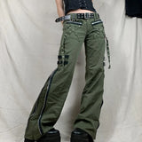 Darianrojas  -  Women's Pants Gothic Punk Baggy Vintage Kawaii Trousers Bandage Low Waist Cargo Pants Grunge Green Zipper Jeans Korea Sweatpants