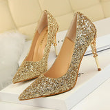 Spring Summer New Crystal Sequins Bride Shoes High Heels Women's Fine Heel Versatile Pointed Toe Gown Single Shoes