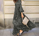 Women Spring Puff Sleeve Maxi Long Sundress Fashion Sexy Leopard Printed Party Dress V Neck High Waist Holiday