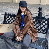 Korean Black Leather Jacket Women Winter Long Women's Moto Biker Zipper Jacket Streetwear Harajuku Y2K Loose Women's Coat