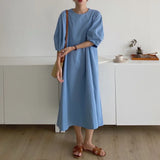 Darianrojas  - holiday outfits New Women Summer Beige Long Simple Dress Vintage Puff Sleeve Loose Waist Pullover Maxi Sundress