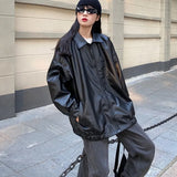 Korean Black Leather Jacket Women Winter Long Women's Moto Biker Zipper Jacket Streetwear Harajuku Y2K Loose Women's Coat