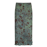 90s fashion Chinese Style Artistic Retro Printed Straight Midi Skirt High Waist Lake Green Girl White All-Match Elegant Skirt