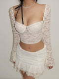 autumn new sexy low-cut trumpet sleeve lace navel-baring top pleated skirt two-piece suit