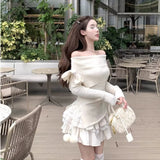 outfit Korean Style Pure White off-Shoulder Long-Sleeved Sweater Women's Autumn Bow off-Shoulder Sweater Slim-Fit Short Top