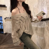 spring and summer new style women's lazy style loose outer pullover blouse hollow knitted sweater v-neck top for women