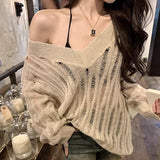 spring and summer new style women's lazy style loose outer pullover blouse hollow knitted sweater v-neck top for women