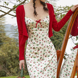 Ready stock Strawberry Farm French retro country satin print suspender dress cardigan suit skirt