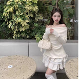 outfit Korean Style Pure White off-Shoulder Long-Sleeved Sweater Women's Autumn Bow off-Shoulder Sweater Slim-Fit Short Top