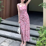 Pink sling floral dress for women summer  new long style slim fit waist long dress